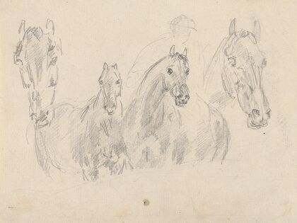 Four horses, figure faintly sketched in background