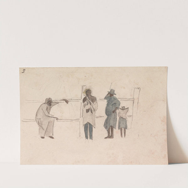 Four Jamaican figures talking at a fence by William Berryman