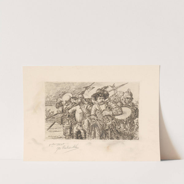 Four men in armor flee from a burning city with treasures (1889) by Jos Ratinckx