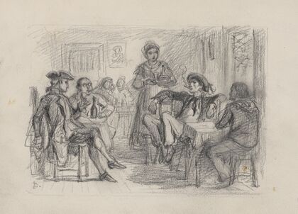 Four men sitting at two tables, woman standing near center