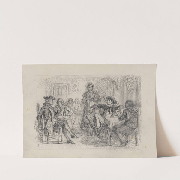Four men sitting at two tables, woman standing near center by Felix Octavius Carr Darley