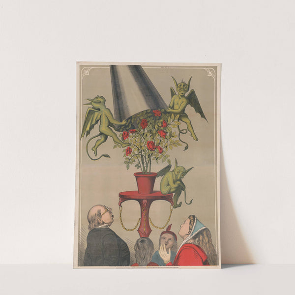 Four people looking up at three green demons on pedestal removing cover from bouquet of roses (1870) by Warren, Johnson & Co.