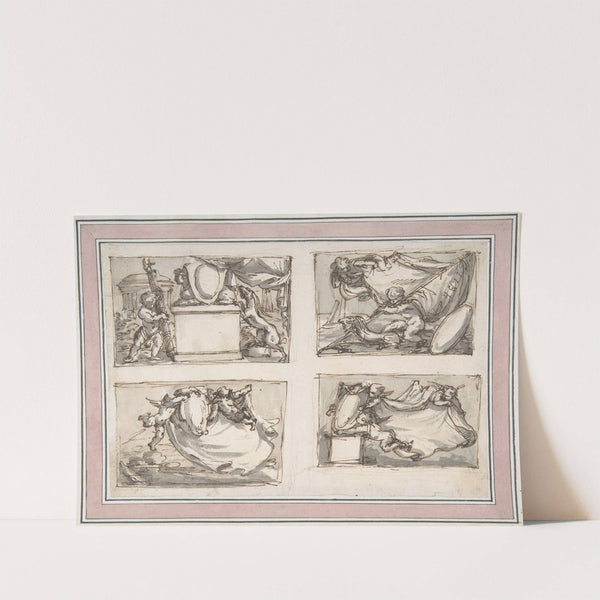 Four Sketches of Putti Hanging Coat of Arms by Carlo Marchionni