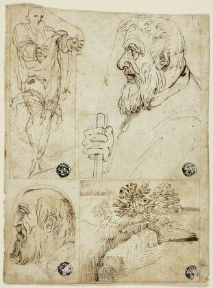 Four Sketches; Standing Male Figure; Profile Bust of Bearded Man; Profile Head of Bearded Man; Landscape