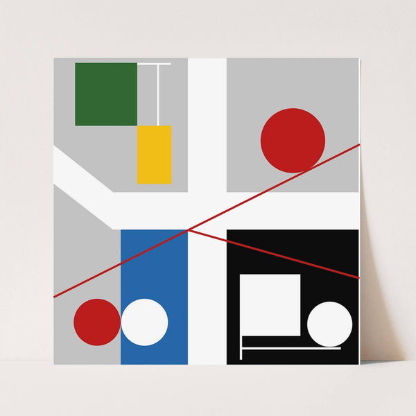 Four spaces with red rolling circles (2017) by Myriam Thyes