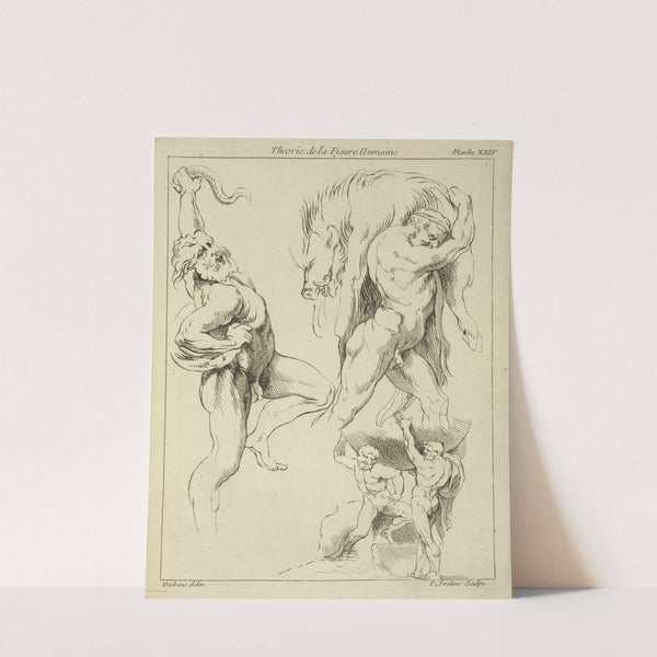 Four studies of figures; one wrestling with a snake, one lifting a dead boar, and two 'Atlas' figures lifting a globe by Peter Paul Rubens