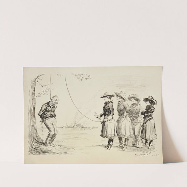 Four women dressed in Western clothes prepare to hang a bound Kaiser Wilhelm II from a tree (1918) by William Henry Walker