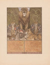 Fox in monk’s habit (Reinaert) at feet of lion (Nobel) and lioness (Gentel), amid other animals (1910)
