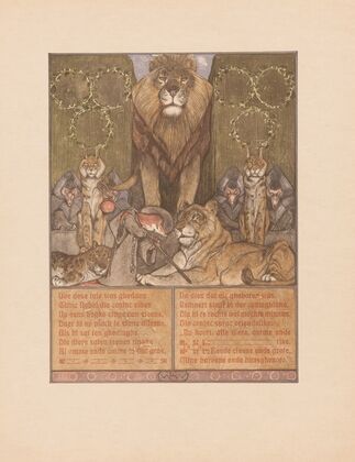 Fox in monk’s habit (Reinaert) at feet of lion (Nobel) and lioness (Gentel), amid other animals (1910)