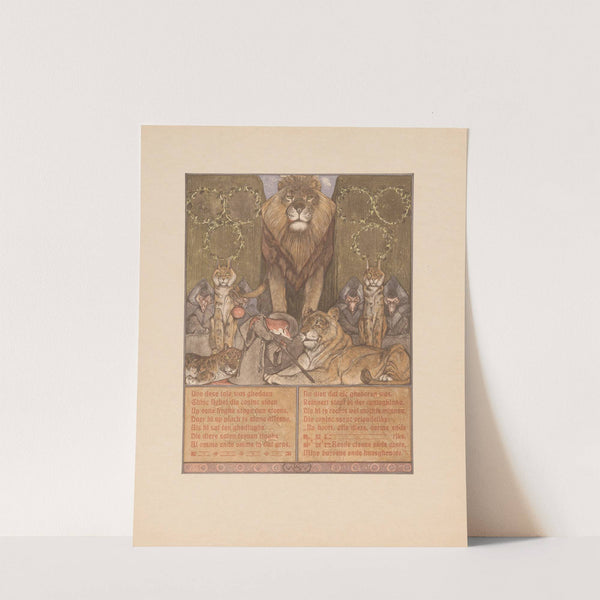 Fox in monk’s habit (Reinaert) at feet of lion (Nobel) and lioness (Gentel), amid other animals (1910) by Bernard Willem Wierink