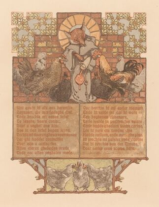Fox in monk’s habit (Reinaert) surrounded by chickens and rooster (Cantecleer). (1910)