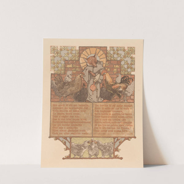 Fox in monk’s habit (Reinaert) surrounded by chickens and rooster (Cantecleer). (1910) by Bernard Willem Wierink