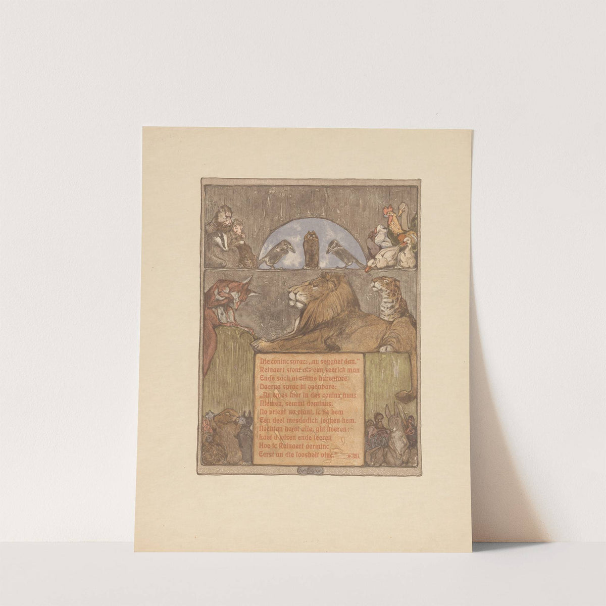 Fox (Reinaert) before lion (Nobel) and other animals in tribunal (1910) by Bernard Willem Wierink