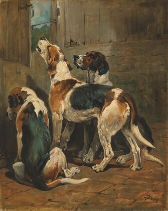Foxhounds at a kennel door