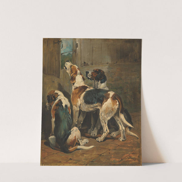 Foxhounds at a kennel door by John Emms