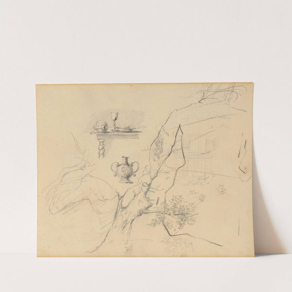 Fragment van een boom, stilleven op een barokke tafel, kruik en figuren by James Ensor