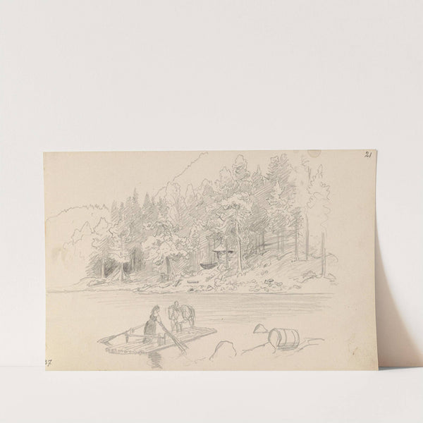 Frakt av hest med flåte i landskap (1862) by Hans Gude