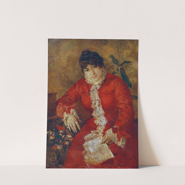 Frau im scharlachroten Kleid mit Zeitungsblatt und Ficus Frau im roten Kleid mit Zeitung (1884-1889) by Anton Romako