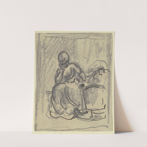 Frau, mit aufgestütztem Kopf an einer Wiege sitzend by Philipp Rumpf