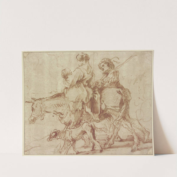 Frau mit Kind auf einem Esel reitend, ein junger Mann zu Fuß nebenher gehend by Giovanni Benedetto Castiglione