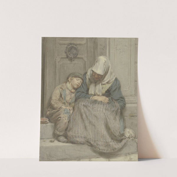 Frau mit Knabe vor einer Türe schlafend by Angilbert Göbel