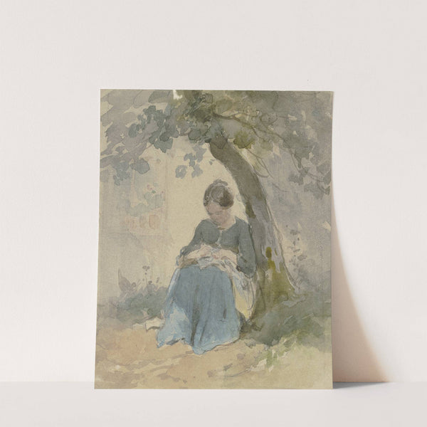 Frau mit Näharbeit unter einem Baum sitzend by Philipp Rumpf