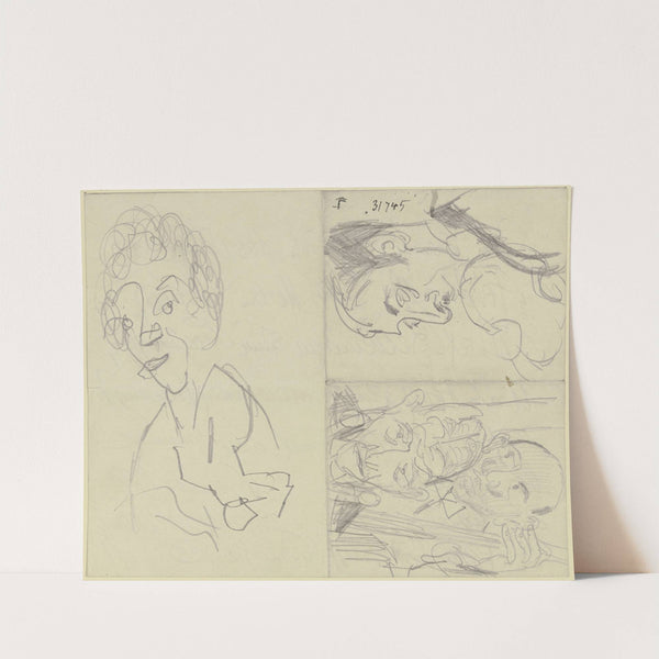 Frauenkopf, ein Geiger, zwei Bassisten (Drei verschiedene Skizzen auf einem durch Faltung in vier Felder unterteilten Papierbogen) (1920) by Max Beckmann