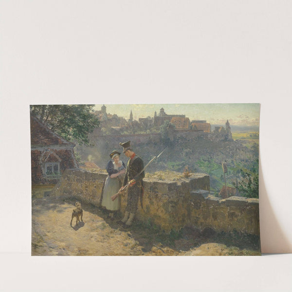 Friede im Lande. Schildwache in Unterhaltung mit einer Frau, die ein Kind auf den Armen trägt by Robert Pötzelberger