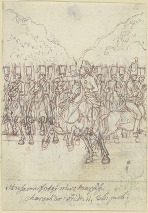 Friedrich der Große zu Pferde vor einer Gruppe von Husaren