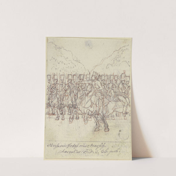 Friedrich der Große zu Pferde vor einer Gruppe von Husaren by Daniel Nikolaus Chodowiecki