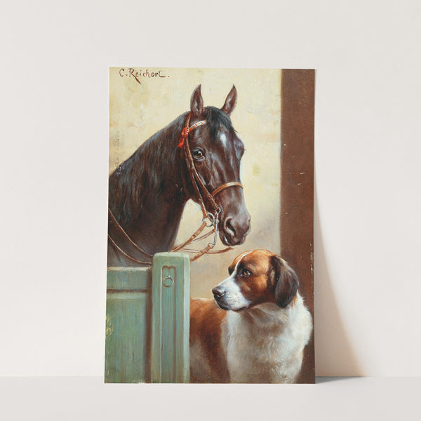 Friends, a bay and a St Bernard in a stable by Carl Reichert