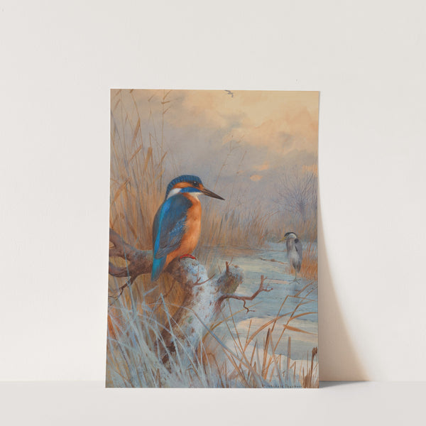 Frozen out- Fishers; Kingfisher and Heron in a winter landscape by Archibald Thorburn