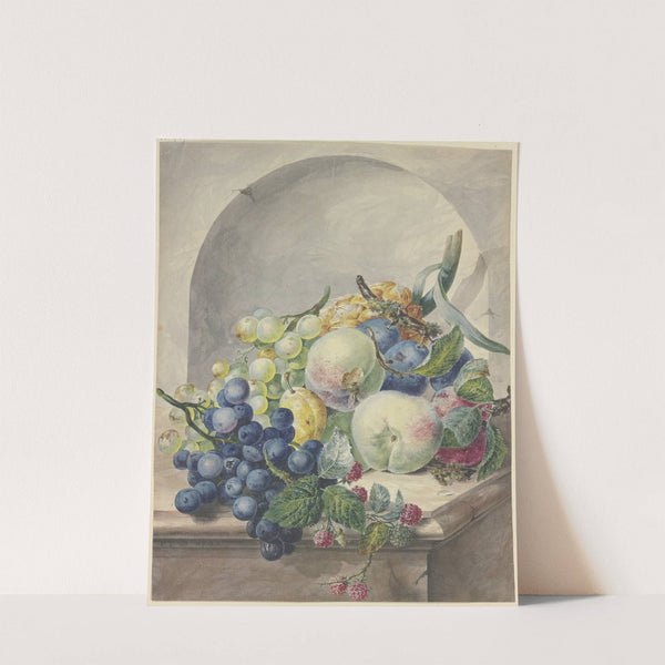 Fruchtstück in einer Nische auf einem Marmortische, Pflaumen, Pfirsiche, Trauben und Brombeeren by Paul Theodor Van Brussel