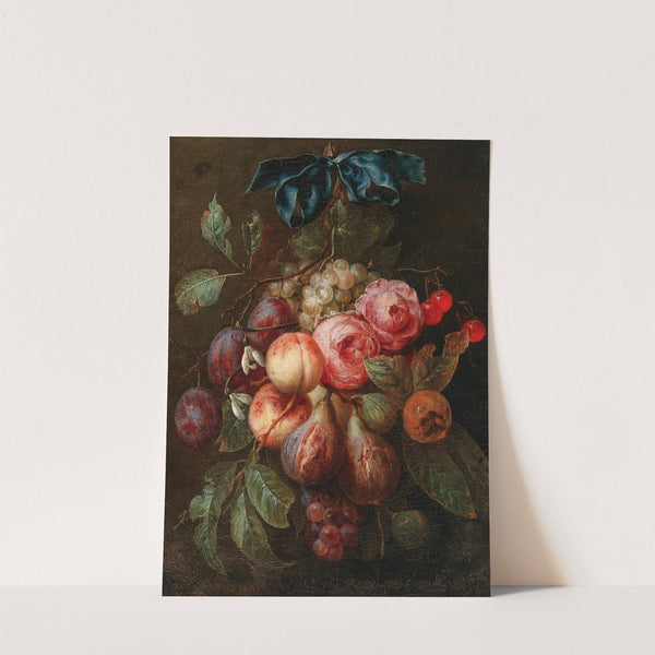 Fruit and flowers hanging from a ribbon by Joris van Son