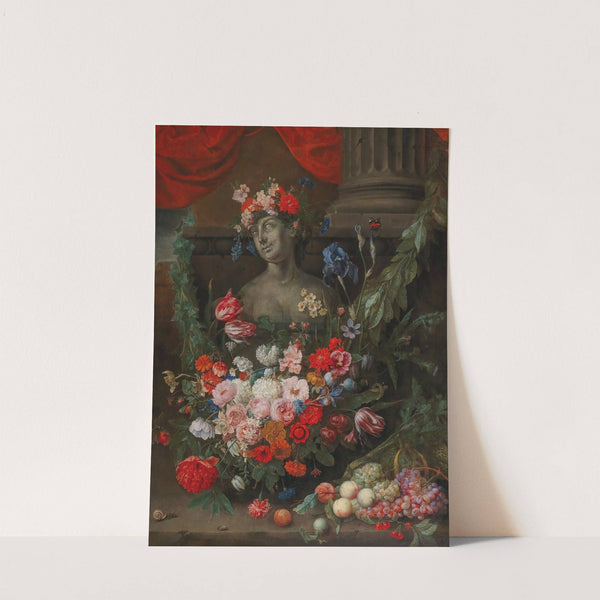 Fruit and flowers surrounding a stone bust of the Goddess Flora by Joris van Son