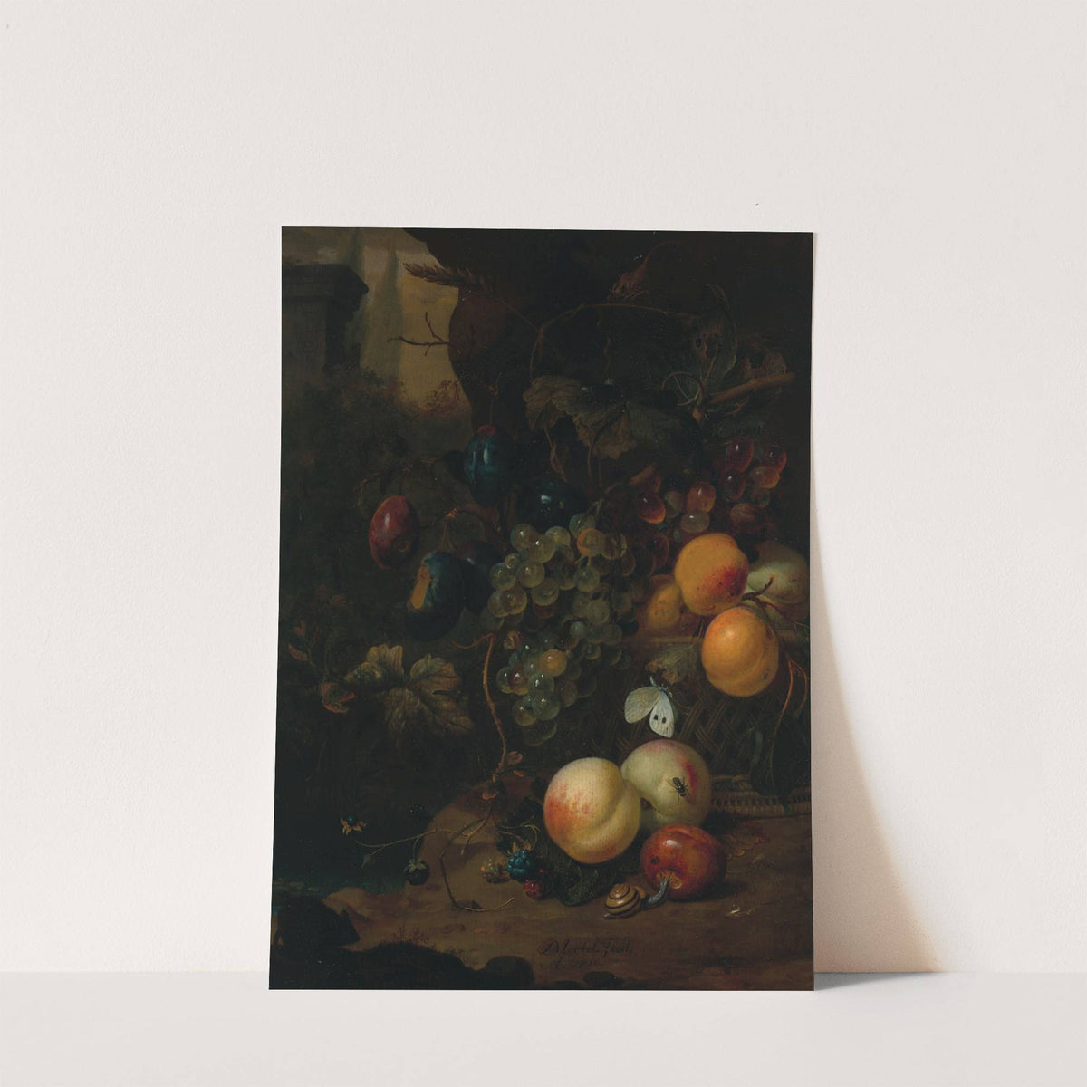 Fruit in a wicker basket, with a snail, a dragonfly and a mouse, on a rock, a landscape beyond by Jan Mortel