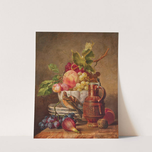 Fruit Still Life with a Goldfinch and a Wine Jug by Josef Schuster