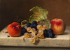 Fruit still life with two peaches and blue and green grapes on the branch and a vine leaf on a marble table top (circa 1870-1880)
