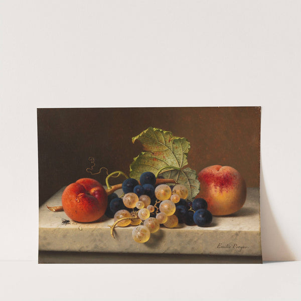 Fruit still life with two peaches and blue and green grapes on the branch and a vine leaf on a marble table top (circa 1870-1880) by Emilie Preyer