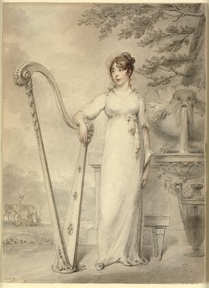 Full-length portrait of ‘Miss V. Dupuis’ resting her arm on a harp. In the background a fountain and a landscape with deer — size preview