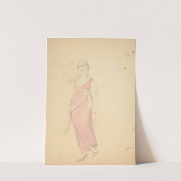 Full-length unfinished drawing of woman wearing a pink dress and shoes and holding plants, as a muse by John Rubens Smith