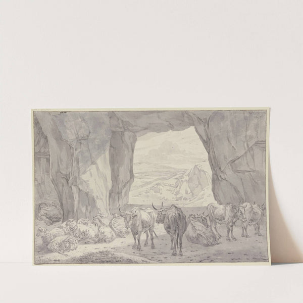 Fünf Ochsen, vier Schafe und zwei Ziegen bei dem schlafenden Hirten in einer Höhle by Willem Romeyn