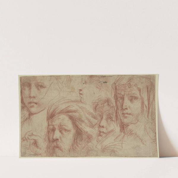 Fünf verschiedene Köpfe, einer davon mit Turban, vier davon den Blick nach rechts gerichtet by Guercino