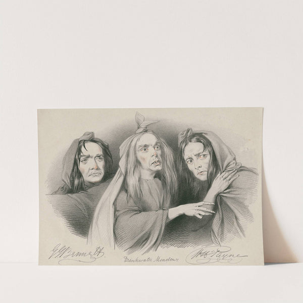 G.J. Bennett, Drinkwater Meadows, W.H. Payne as the three witches in Shakespeare’s Macbeth … ‘A drum! A drum! Macbeth doth come!’ (1838) by Richard James Lane