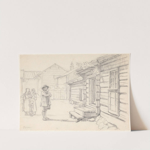 Gade i Orsa, Dalarne_med to kvinder tv. og et barn og en mand (1851) by Wilhelm Marstrand