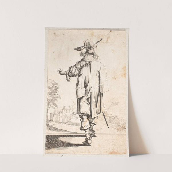 Gående, rygvendt, mand med fjerprydet har, gestikulerende med sin venstre hånd I baggrunden tv et muromkranset palæ by Salomon Savery