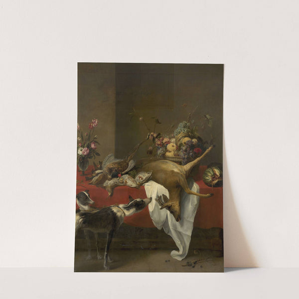 Game, fruit basket and vase of flowers on a table by Frans Snyders