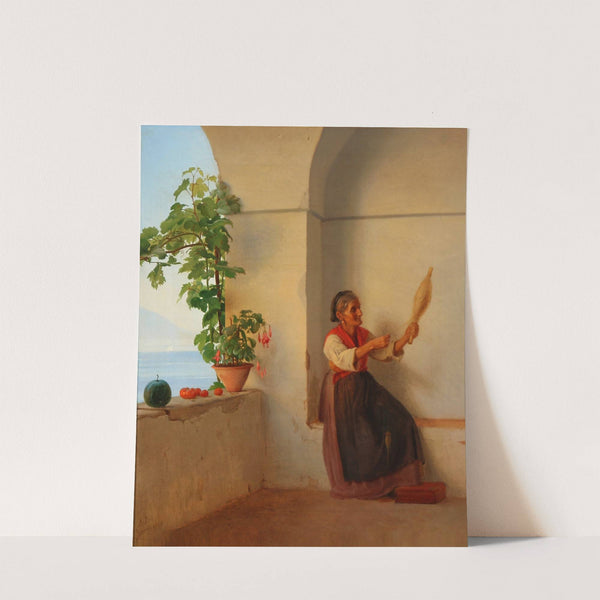 Gammel kone med en ten siddende i en italiensk loggia by Anton Dorph