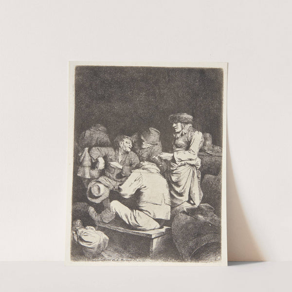 Gammel kvinde serverer for tre mænd i en krostue by Cornelis Pietersz. Bega