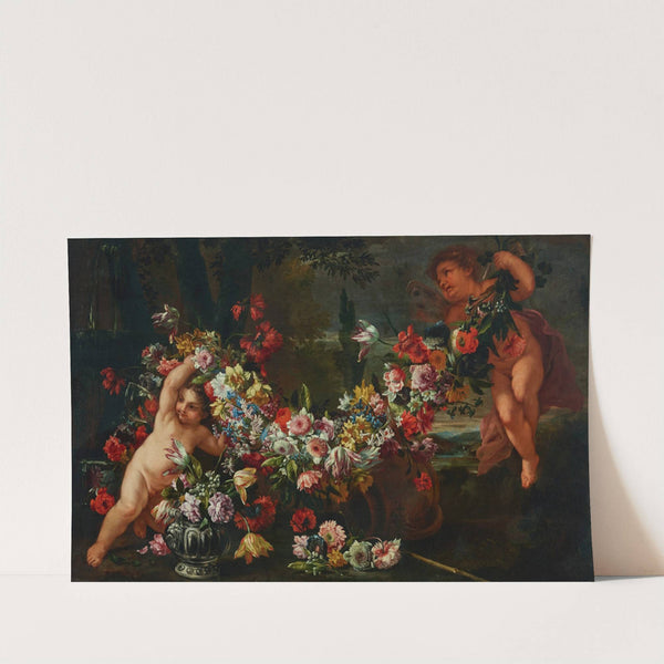 Garlands of flowers with putti in a landscape by Abraham Brueghel
